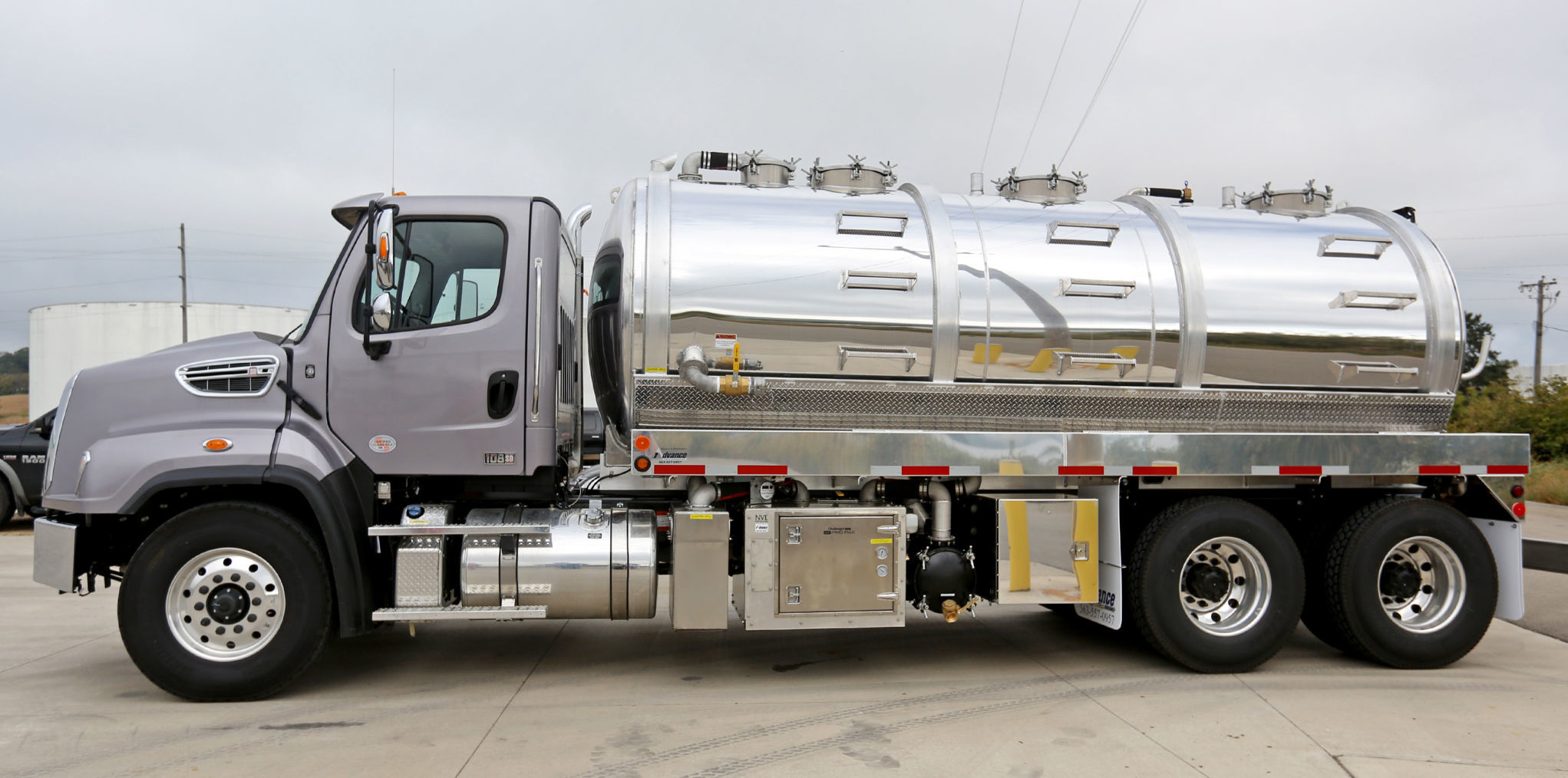 A 4,200 gallon aluminum truck-mounted vacuum tank, specifically designed for transporting grease fats and oils, sits ready at Advance Pump & Equipment Inc. in Peosta, Iowa.    PHOTO CREDIT: Jessica Reilly