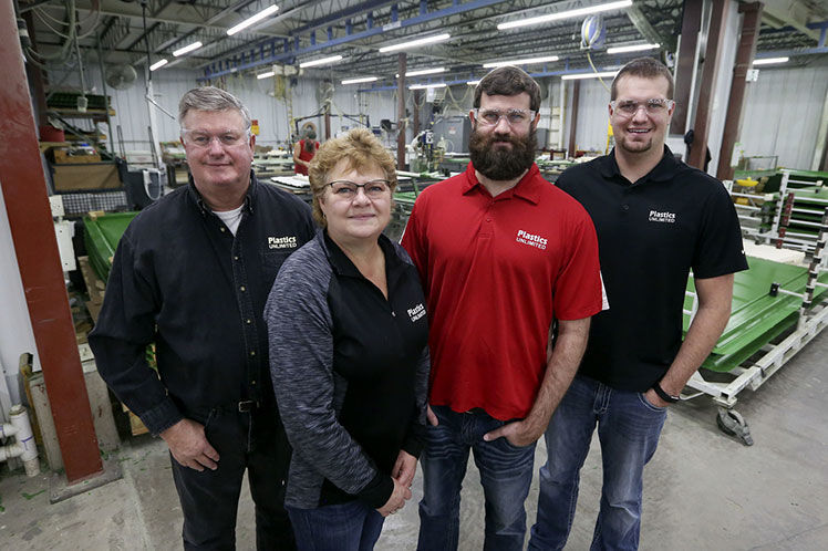 Terry (from left), Nancy, Travis and Dakota Kieffer, of Plastics Unlimited in Preston, Iowa, on Thursday, Nov. 21, 2019. Travis and Dakota are co-owners of the company, purchasing it from their parents, Terry and Nancy, in January 2018.    PHOTO CREDIT: NICKI KOHL