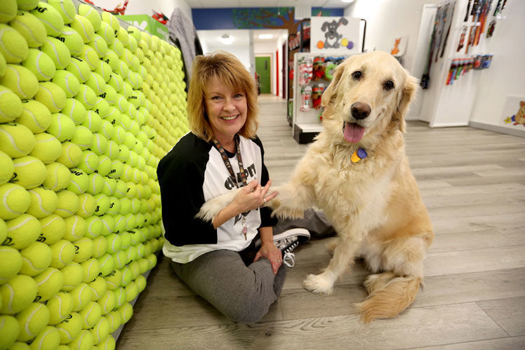 Kellie Droessler and her dog, Abby, welcome customers to Wags 2 Wiggles, in Dubuque. PHOTO CREDIT: JESSICA REILLY