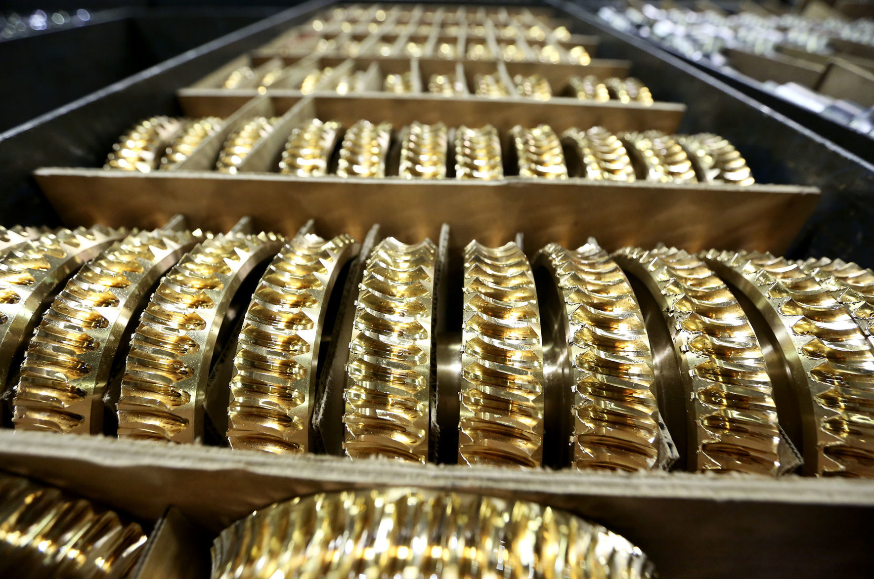 Helical gears manufactured at The Adams Company in Dubuque.    PHOTO CREDIT: Nicki Kohl
Telegraph Herald