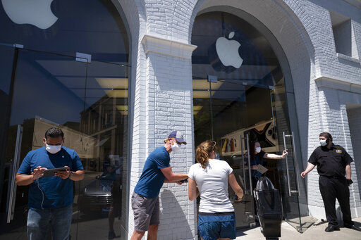 The Apple store is open for the first day since the start of the shutdown during the coronavirus pandemic, Wednesday, June 17, 2020, in Greenwich, Conn. The state began Phase 2 of reopening Wednesday. (AP Photo/Mark Lennihan) PHOTO CREDIT: Mark Lennihan