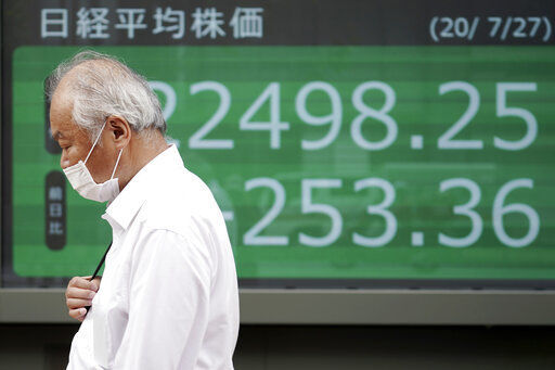 A man walks past an electronic stock board showing Japan