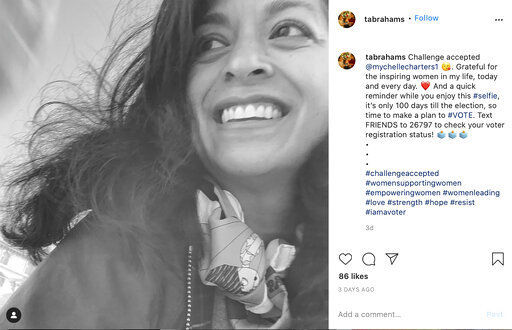 This image provided by Tara Abrahams shows her Instagram post with the #challengeaccepted joining female users across the United States, flooding the photo-sharing app with black-and-white images. The official goal: a show of support for other women. Abrahams, the philanthropic advisor from New York added a caption encouraging people to check their voter registration status and make a plan to vote in November.  PHOTO CREDIT: Tara Abrahams
