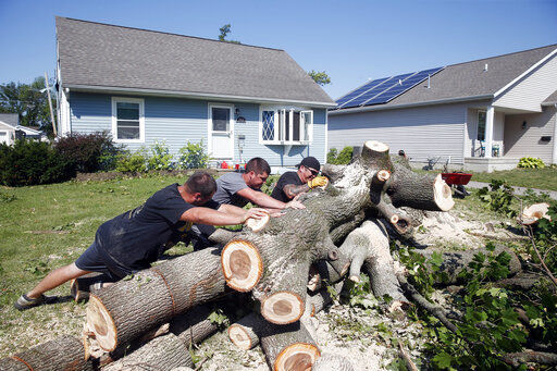 From left to right, Grant Whitmore, Jason Kirk and Peter Delaney roll a tree trunk while cutting it apart at Whitmore