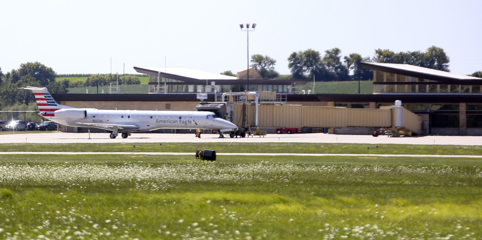 An American Eagle jet pulls up to the terminal at the Dubuque Regional Airport on Thursday. PHOTO CREDIT: Dave Kettering