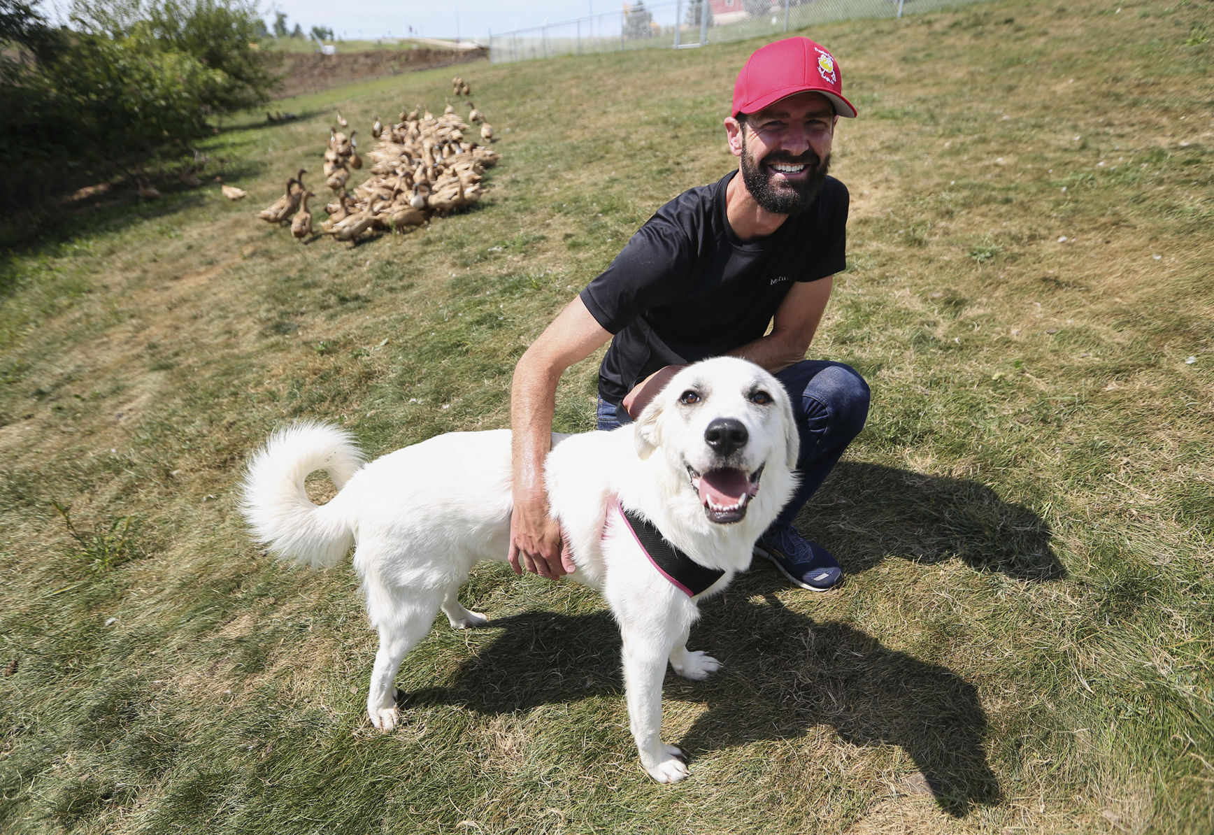 Owner Jeff Friedman with his dog, Dusty, at Treeline Farm in Zwingle, Iowa, on Friday, Aug. 28, 2020. PHOTO CREDIT: NICKI KOHL