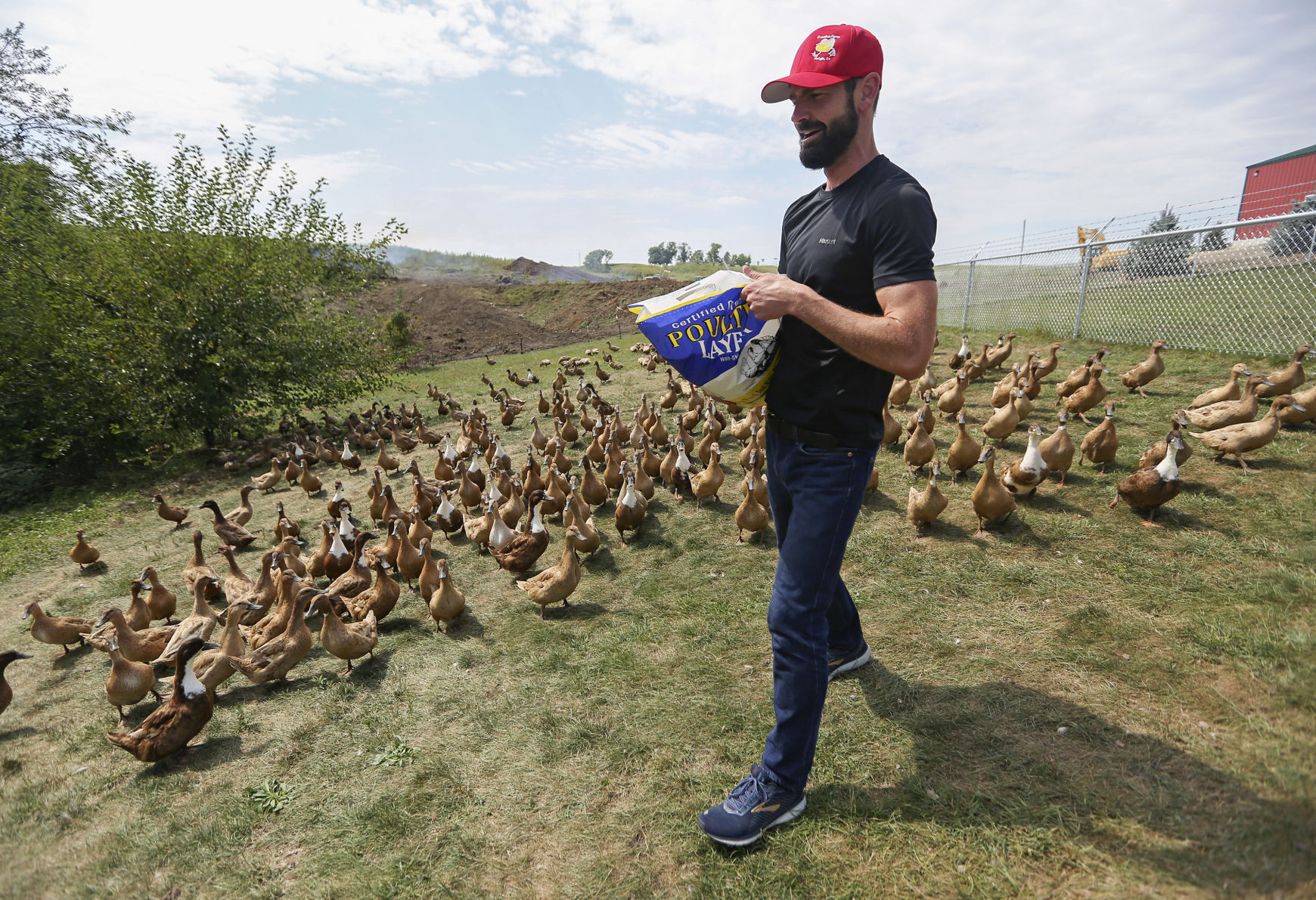 Owner Jeff Friedman feeds the ducks at Treeline Farm in Zwingle, Iowa, on Friday, Aug. 28, 2020. PHOTO CREDIT: NICKI KOHL