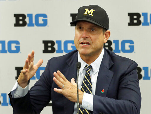 FILE - In this July 19, 2019, file photo, Michigan head coach Jim Harbaugh responds to a question during the Big Ten Conference NCAA college football media days in Chicago. Big Ten is going to give fall football a shot after all. Less than five weeks after pushing football and other fall sports to spring in the name of player safety during the pandemic, the conference changed course Wednesday, Sept. 16, 2020, and said it plans to begin its season the weekend of Oct. 23-24.(AP Photo/Charles Rex Arbogast, File) PHOTO CREDIT: Charles Rex Arbogast