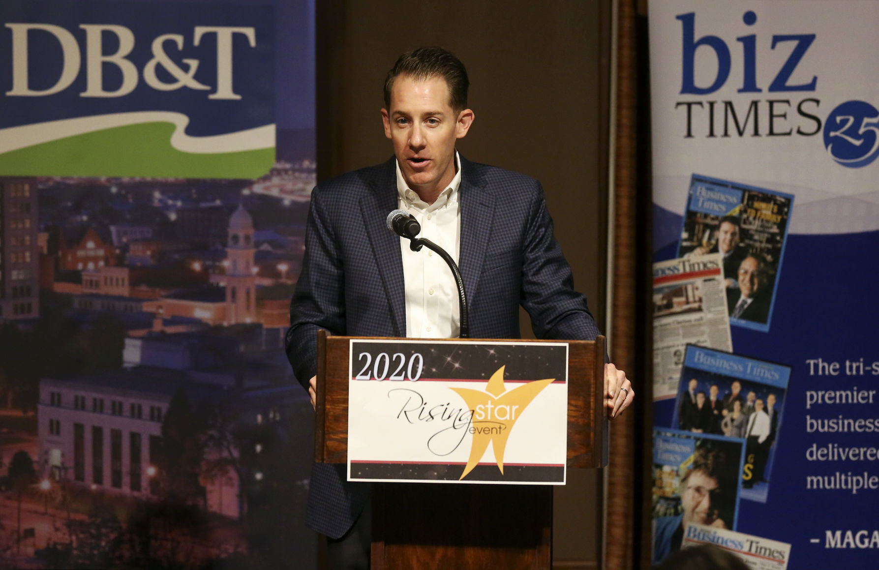 Tyson Leyendecker, with Dubuque Bank and Trust, speaks during the Rising Stars award ceremony at Diamond Jo Casino in Dubuque on Wednesday, Sept. 16, 2020. PHOTO CREDIT: NICKI KOHL