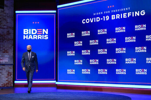 Democratic presidential candidate former Vice President Joe Biden arrives to speak after participating in a coronavirus vaccine briefing with public health experts, Wednesday, Sept. 16, 2020, in Wilmington, Del. (AP Photo/Patrick Semansky) PHOTO CREDIT: Patrick Semansky
