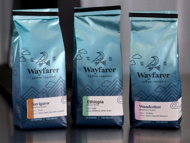 A variety of coffee packages at Wayfarer Coffee in Dubuque.    PHOTO CREDIT: JESSICA REILLY