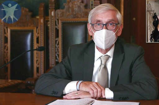 FILE - This July 30, 2020 image taken from video by the Wisconsin Department of Health Services shows Wisconsin Gov. Tony Evers in Madison, Wis. A Wisconsin judge on Monday, Oct. 12, 2020, upheld Gov. Tony Evers