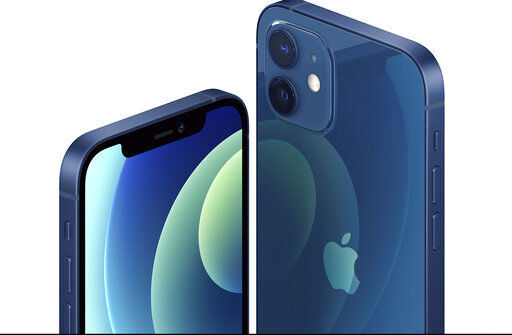 This image provided by Apple shows one of the new iPhone 12 equipped with technology for use with faster new 5G wireless networks that Apple unveiled Tuesday, Oct. 13, 2020. (Apple via AP) PHOTO CREDIT: HONS