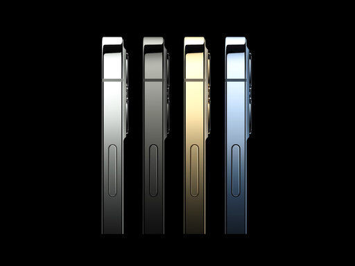 This image provided by Apple shows the new iPhone 12 Pro phones that Apple unveiled Tuesday, Oct. 13, 2020. The higher-end iPhone 12 Pro with more powerful cameras comes in silver, graphite, gold and blue, and will cost $999. (Apple via AP) PHOTO CREDIT: HONS