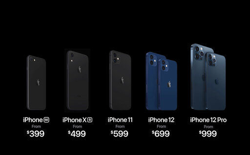 This image provided by Apple shows models of new iPhones, along with the iPhone 11 at center, showing prices, which Apple unveiled Tuesday, Oct. 13, 2020. The iPhone models unveiled will launch at different times. The iPhone 12 and 12 Pro will be available starting Oct. 23; the Mini and the Pro Max will follow on Nov. 13. (Apple via AP) PHOTO CREDIT: HONS
