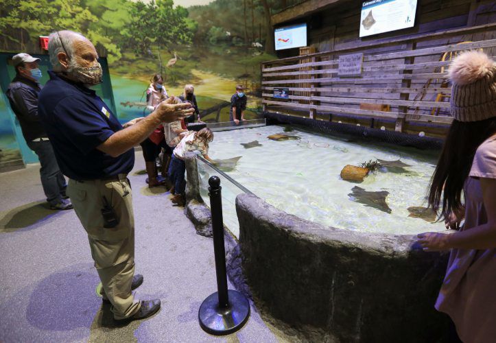 Wayne Buchholtz speaks to visitors about the stingray exhibit. PHOTO CREDIT: NICKI KOHL