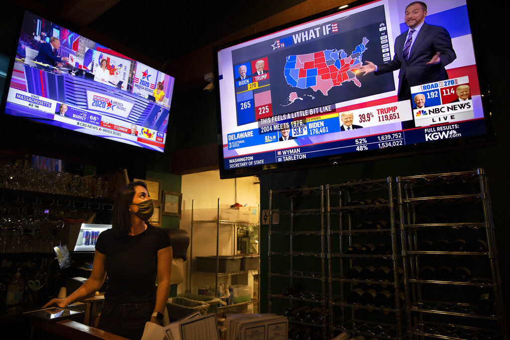 Bartender Sam Schilke watches election results on television at a bar and grill in Portland, Ore. Critical battleground states including Michigan, Wisconsin and Pennsylvania remained without declared winners this morning, leaving both President Donald Trump and Democrat Joe Biden short of the 270 Electoral College votes needed to win the White House. PHOTO CREDIT: Paula Bronstein