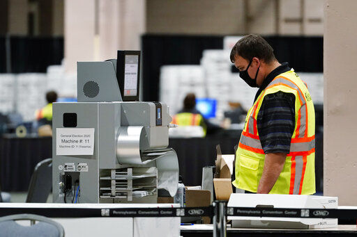 A Philadelphia election worker scans ballots for the 2020 general election in the United States at the Pennsylvania Convention Center, Tuesday, Nov. 3, 2020, in Philadelphia. (AP Photo/Matt Slocum) PHOTO CREDIT: Matt Slocum