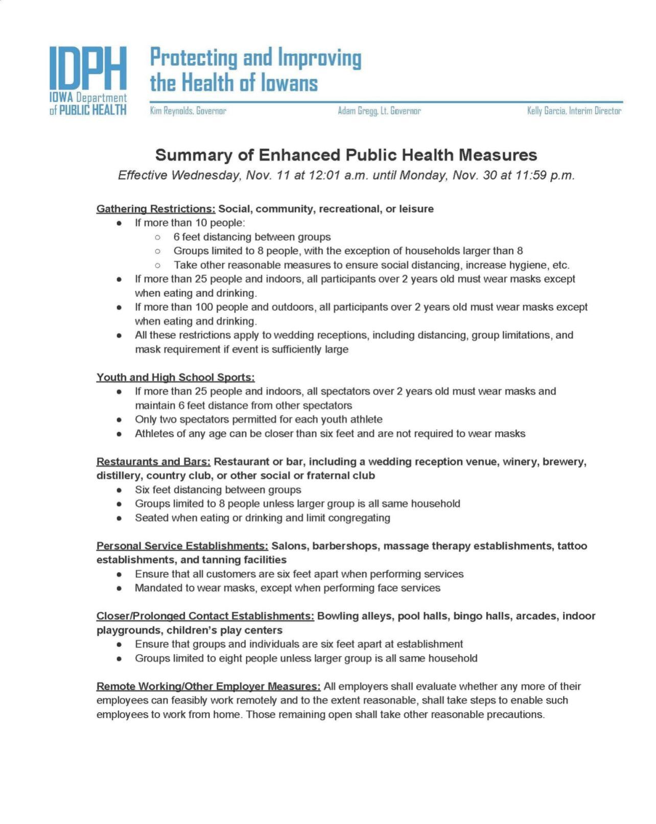 New COVID-19-related measures, per Iowa Department of Public Health.  PHOTO CREDIT: Iowa Department of Public Health