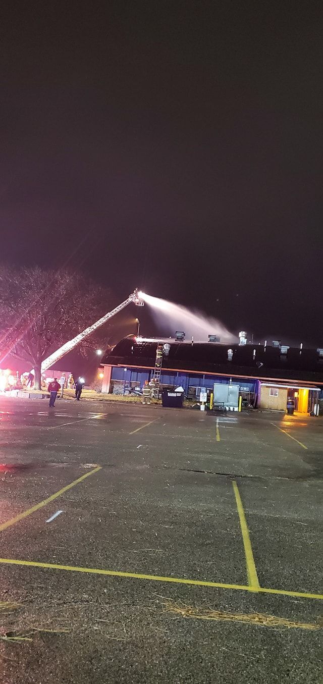 Firefighters battle a blaze at Pioneer Lanes Bar, Grill & Banquet Center in Platteville, Wis.  PHOTO CREDIT: Pioneer Lanes Bar, Grill & Banquet Center
