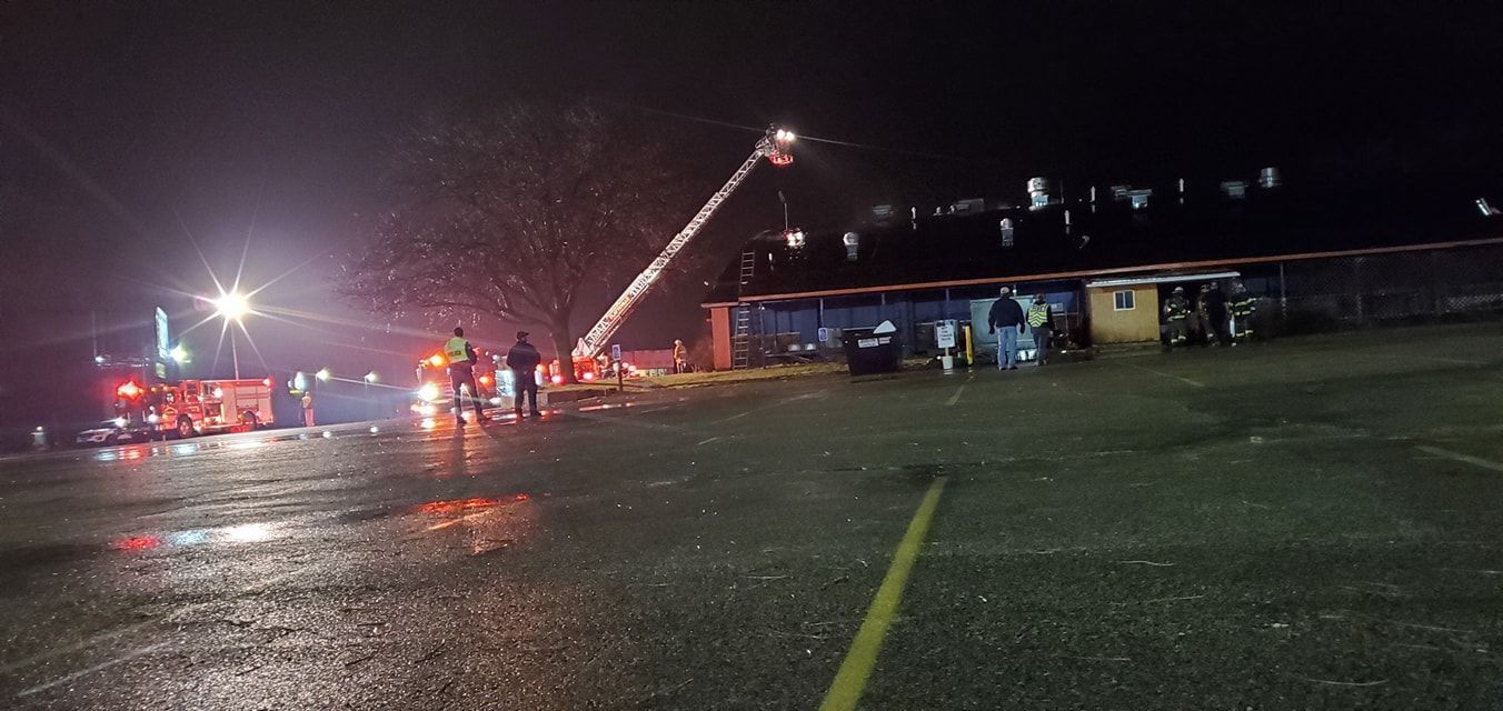 Firefighters battle a blaze at Pioneer Lanes Bar, Grill & Banquet Center in Platteville, Wis.  PHOTO CREDIT: Pioneer Lanes Bar, Grill & Banquet Center