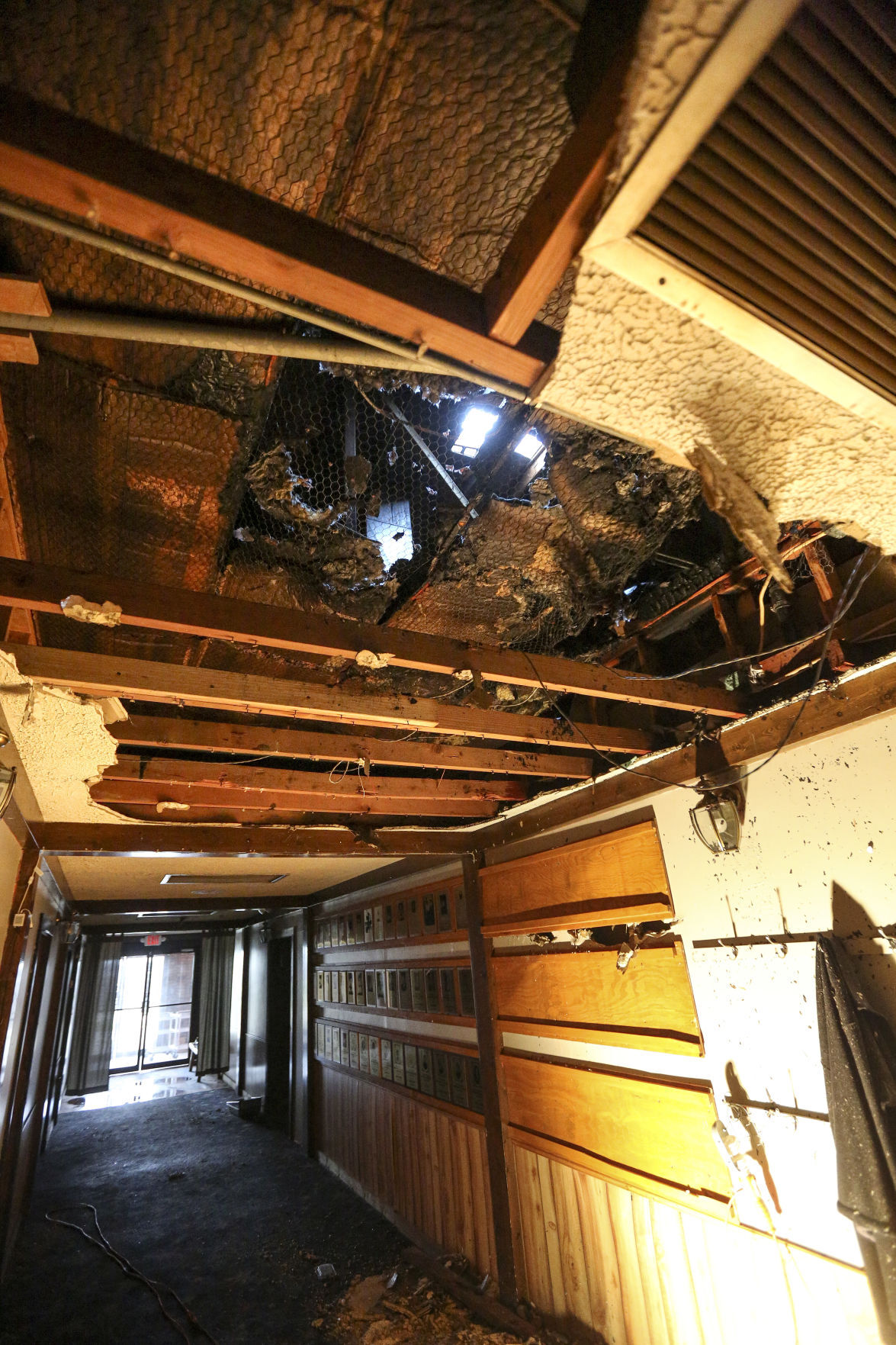 Damage from fire can be seen on the ceiling of Pioneer Lanes Bar, Grill & Banquet Center in Platteville, Wis., on Sunday PHOTO CREDIT: Dave Kettering