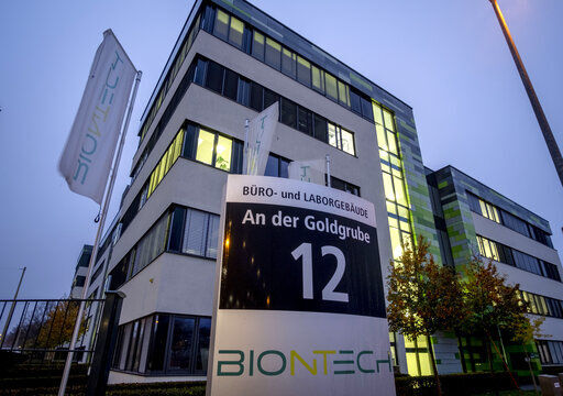File -- In this Tuesday, Nov.10, 2020 file photo windows are illuminated at the headquarters of the German biotechnology company "BioNTech" in Mainz, Germany. Germany prepares for the vaccination of the German population during the upcoming month. (AP Photo/Michael Probst, file) PHOTO CREDIT: Michael Probst