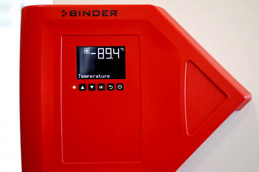 File -- In this Tuesday, Nov. 24, 2020 file photo the display of an ultra low temperature freezer of Binder, the world
