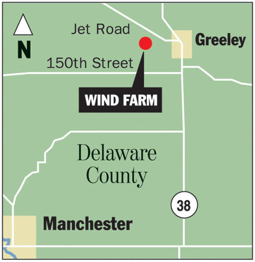 Wind farm west of Greeley, Iowa. PHOTO CREDIT: Telegraph Herald