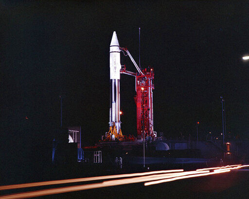 This Sept. 20, 1966 photo provided shows an Atlas Centaur 7 rocket on the launchpad at Cape Canaveral, Fla. A mysterious object temporarily orbiting Earth is the Centaur upper stage of this 54-year-old rocket, not an asteroid after all, astronomers confirmed. PHOTO CREDIT: Convair/General Dynamics Astronautics