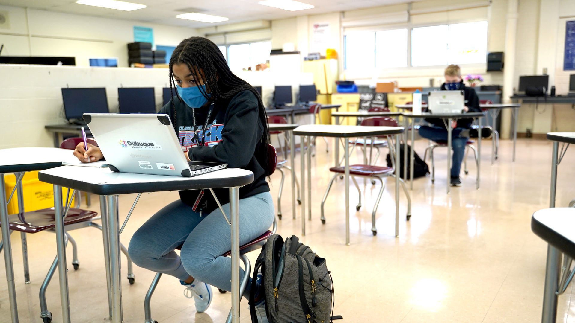 Aliyah Johnson, a junior at Dubuque Senior High School, attends an Advanced Placement computer science course at the school on Tuesday, Jan. 19, 2021. PHOTO CREDIT: Paul Kurutsides