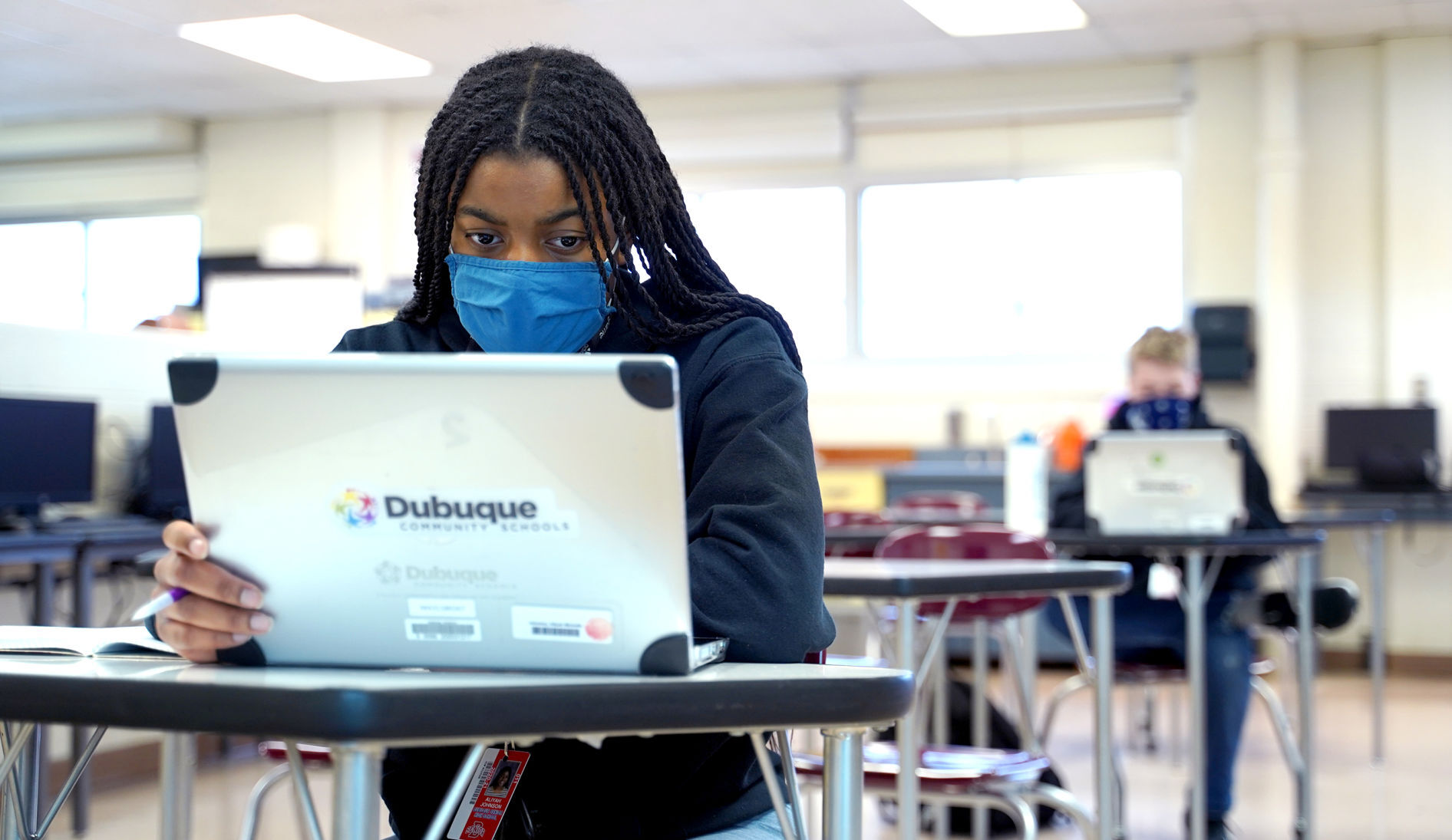 Aliyah Johnson, a junior at Dubuque Senior High School, attends an Advanced Placement computer science course at the school on Tuesday. She said she has long had an interest in computer coding. PHOTO CREDIT: Paul Kurutsides