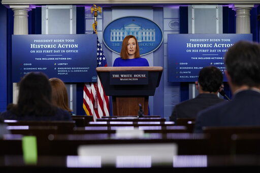 White House press secretary Jen Psaki speaks during a press briefing at the White House, Wednesday, Jan. 20, 2021, in Washington. (AP Photo/Evan Vucci) PHOTO CREDIT: Evan Vucci