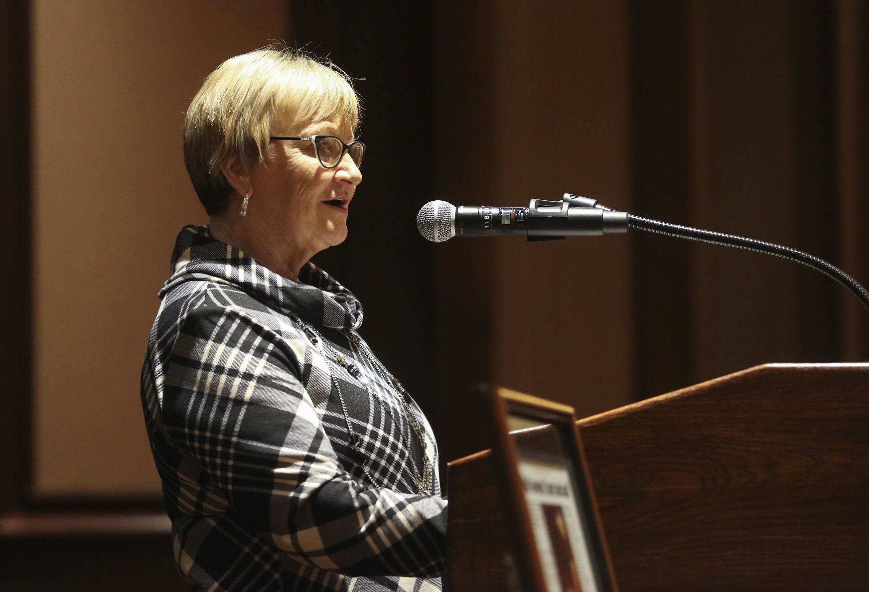 Judy Wolf, recipient of the 2020 Telegraph Herald First Citizen Award, speaks during a reception at Diamond Jo Casino in Dubuque on Thursday.    PHOTO CREDIT: NICKI KOHL, Telegraph Herald