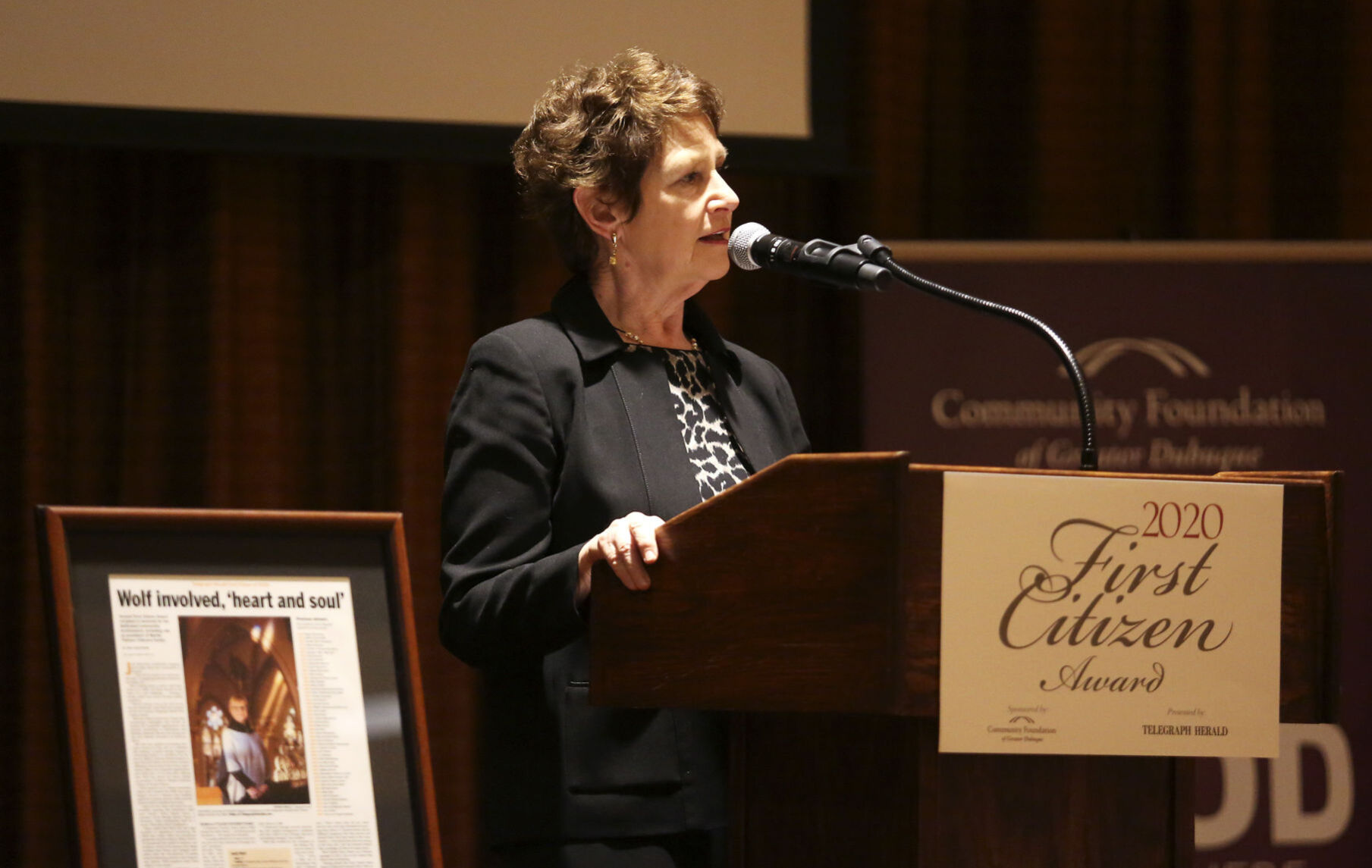 Nancy Van Milligen, president and CEO of Community Foundation of Greater Dubuque, speaks during the 2020 Telegraph Herald First Citizen Award reception at Diamond Jo Casino in Dubuque on Thursday, Jan. 28, 2021.    PHOTO CREDIT: NICKI KOHL