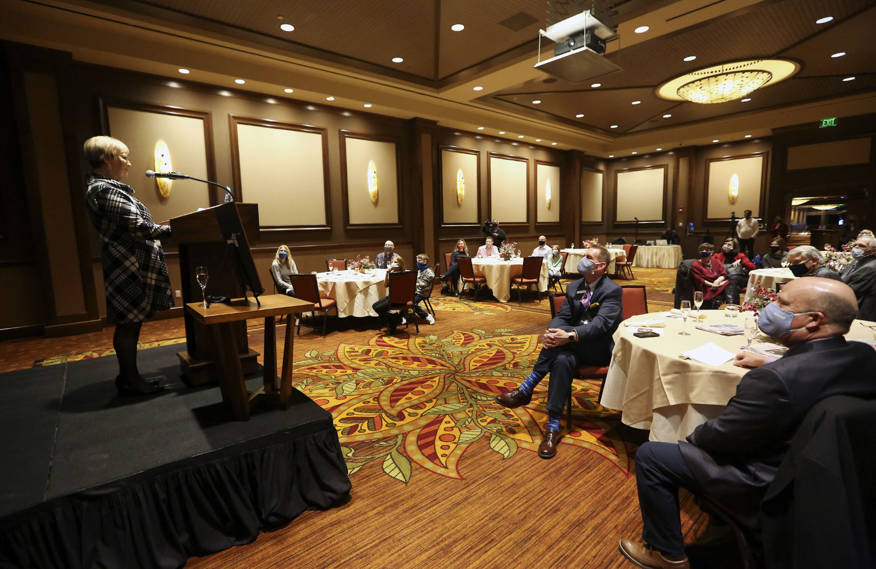 Judy Wolf, recipient of the 2020 Telegraph Herald First Citizen Award, speaks during a reception at Diamond Jo Casino in Dubuque on Thursday, Jan. 28, 2021.    PHOTO CREDIT: NICKI KOHL