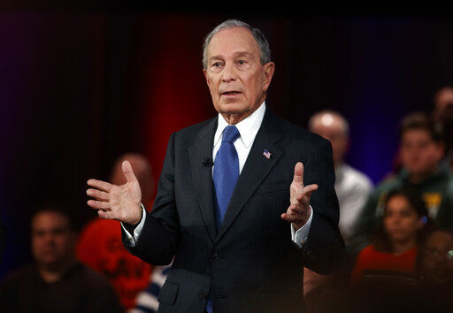 FILE - In this March 2, 2020, file photo, Democratic presidential candidate and former New York City Mayor Mike Bloomberg speaks during a FOX News Channel Town Hall in Manassas, Va. Bloomberg is one of the 50 Americans who gave the most to charity in 2020, according to the Chronicle of Philanthropy’s annual rankings. (AP Photo/Carolyn Kaster, File) PHOTO CREDIT: Carolyn Kaster