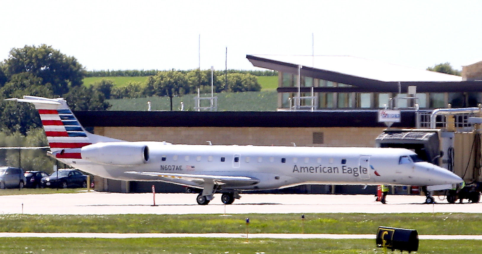An American Eagle jet pulls up to the terminal at the Dubuque Regional Airport Thursday, Aug. 20, 2020. PHOTO CREDIT: Dave Kettering