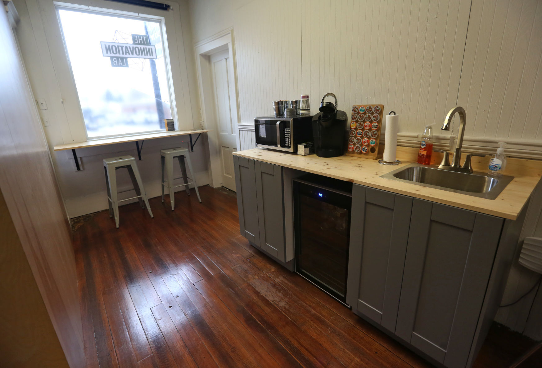 A coffee bar area at The Innovation Lab in Cascade, Iowa. PHOTO CREDIT: JESSICA REILLY