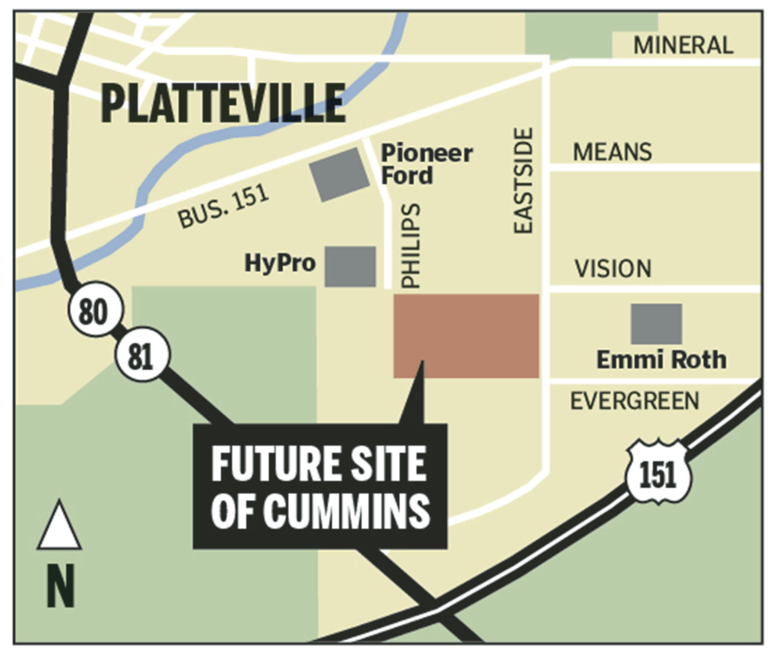 Cummins plans to construct a 342,000-square-foot building on Eastside Road in Platteville. PHOTO CREDIT: Mike Day
