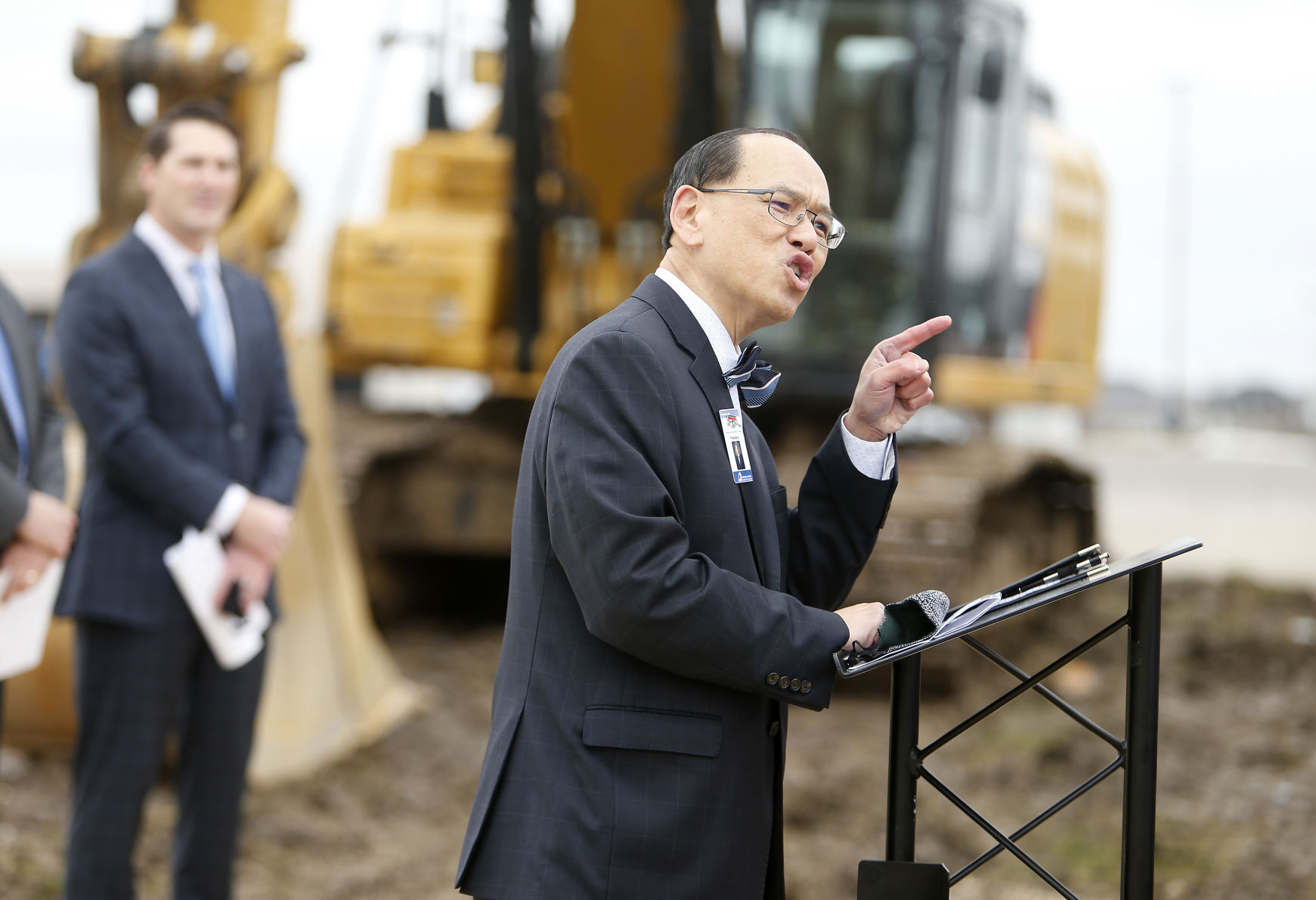 Northeast Iowa Community College President Dr. Liang Chee Wee speaks during a groundbreaking for the College Suites that will be constructed on the NICC Peosta Campus, Thursday, March 25, 2021. PHOTO CREDIT: Dave Kettering