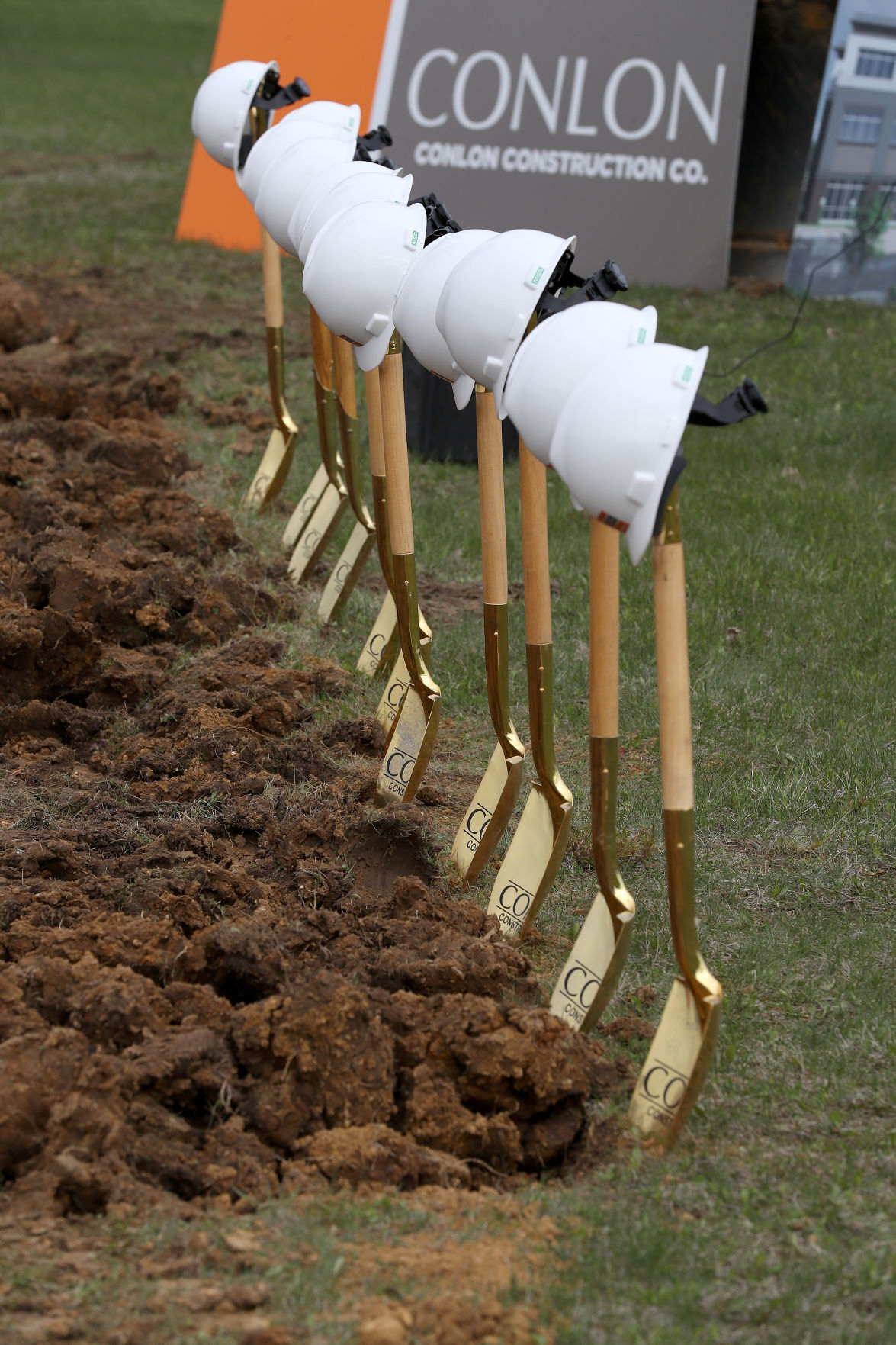 Golden shovels stand waiting for the groundbreaking for the new Grand River Medical building on Westmark Drive in Dubuque on Thursday, April 15, 2021. PHOTO CREDIT: Stephen Gassman