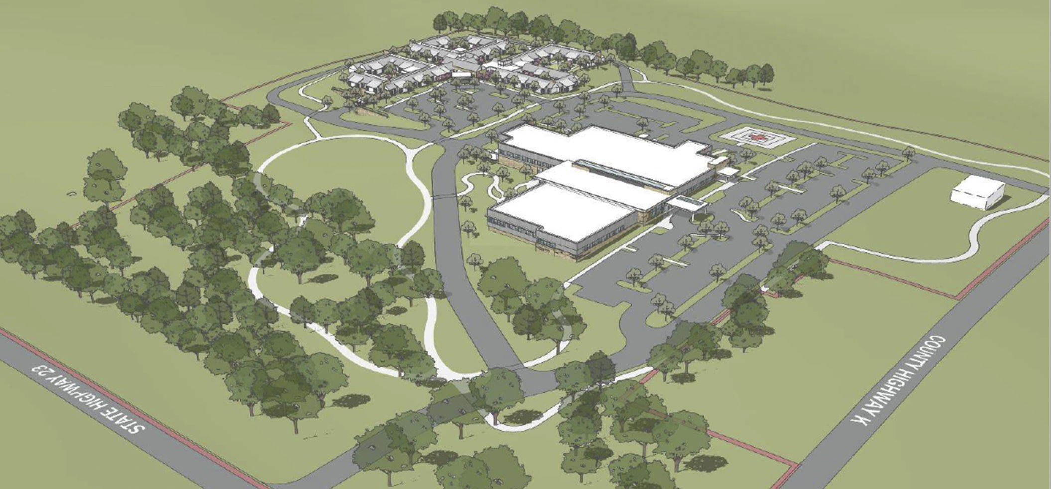 Renderings of a new Lafayette County hospital and nursing home complex, which would be located at the southwest corner of Lafayette County K and Wisconsin 23 in Darlington Township. Courtesy of Fehr Graham. PHOTO CREDIT: Fehr Graham