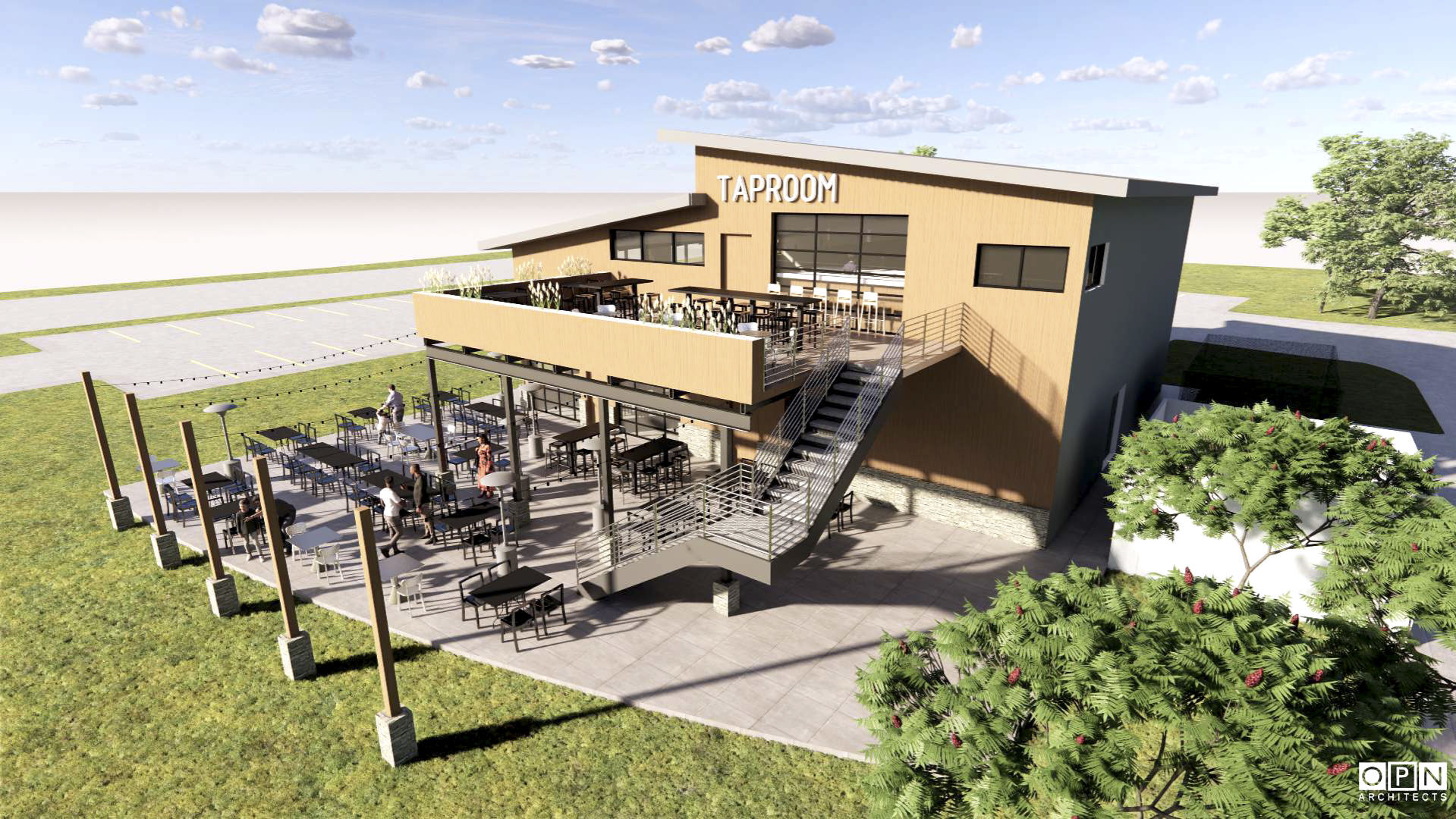 This rendering shows a proposed taproom to be constructed in Peosta, Iowa, and open this fall. A new location for Jumble Coffee Co. is planned across the street from the taproom. PHOTO CREDIT: Contributed