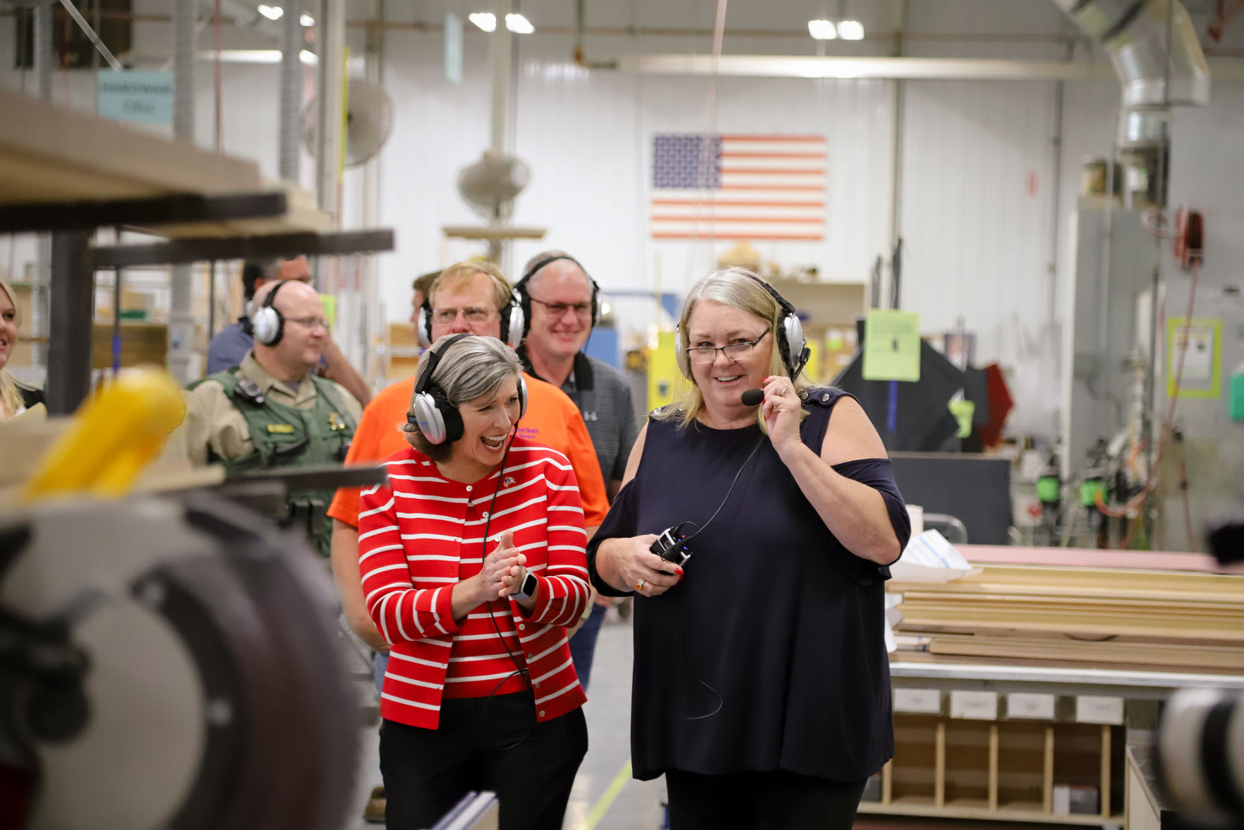 U.S. Sen. Joni Ernst (left), R-Iowa, tours Kendrick Forest Products in Edgewood, Iowa. Kendrick Inc. will soon resume tours at its Edgewood facility.    PHOTO CREDIT: contributed