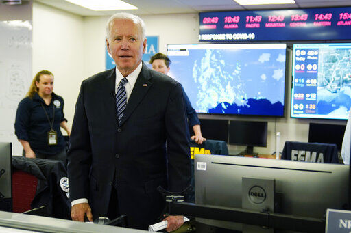 President Joe Biden talks to employees at FEMA headquarters, Monday, May 24, 2021, in Washington. Biden will hold a summit with Vladimir Putin next month in Geneva, a face-to-face meeting between the two leaders that comes amid escalating tensions between the U.S. and Russia in the first months of the Biden administration. (AP Photo/Evan Vucci) PHOTO CREDIT: Evan Vucci