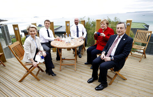 From left, European Commission President Ursula von der Leyen, French President Emmanuel Macron, European Council President Charles Michel, German Chancellor Angela Merkel and Italy