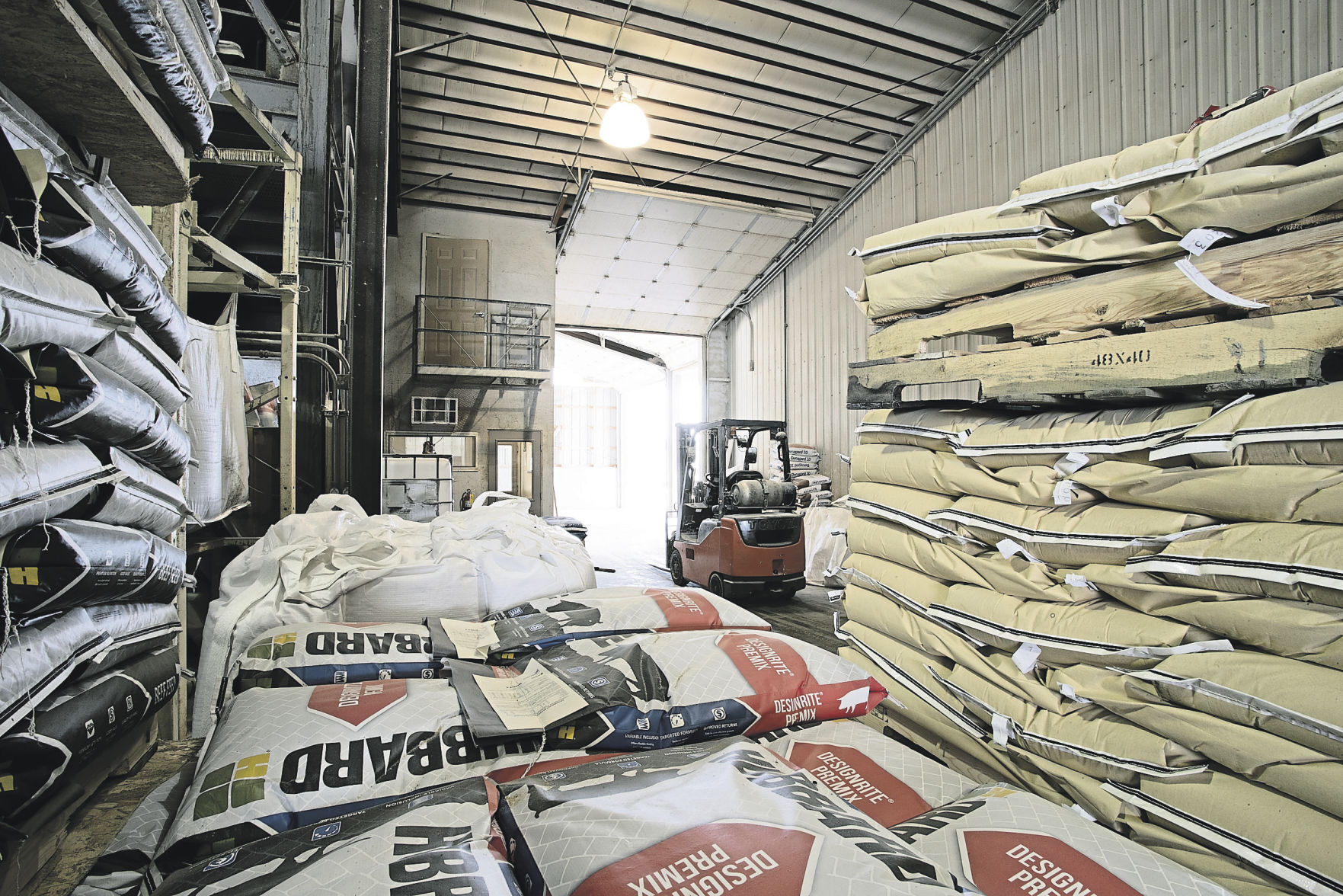 Bags of feed are stacked high at L&S Ag Center in Worthington, Iowa.    PHOTO CREDIT: Stephen Gassman