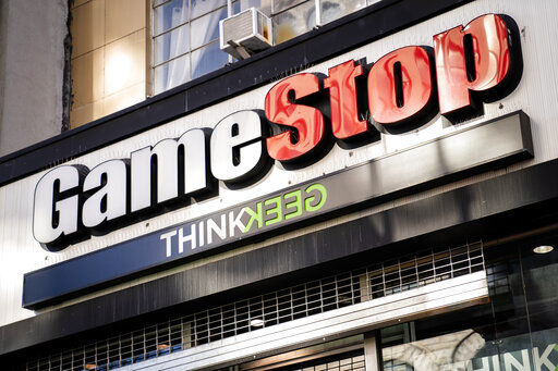 FILE - This Jan. 28, 2021, file photo, shows a GameStop store in New York. Meme stock GameStop has raised nearly $1.13 billion in its latest stock offering. The video game company said Tuesday, June 22 that it sold 5 million shares in the at-the-market offering. (AP Photo/John Minchillo, File) PHOTO CREDIT: John Minchillo