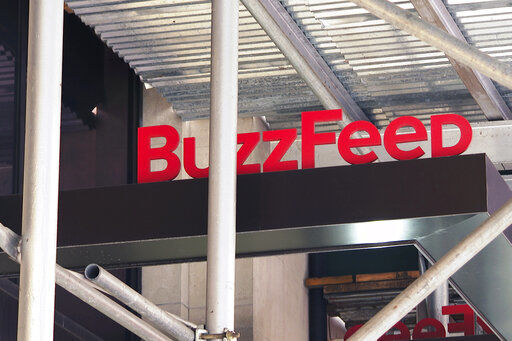 FILE - This Nov. 19, 2020 file photo shows the entrance to BuzzFeed in New York. BuzzFeed is merging with special purpose acquisition company 890 Fifth Avenue Partners Inc., Thursday, June 24, 2021, and will become a publicly traded company. BuzzFeed, which was founded by Jonah Peretti in 2006, said its implied valuation is $1.5 billion, once the transaction closes, which is expected in the fourth quarter. (AP Photo/Ted Shaffrey) PHOTO CREDIT: Ted Shaffrey